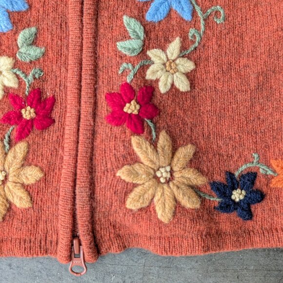 Vintage Frost Orange Lambswool Full Zip Colorful Floral Embroidered Sweater XS - Picture 4 of 8